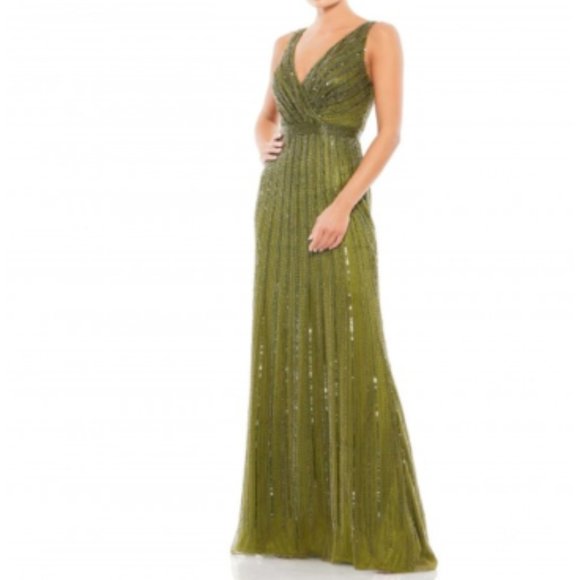 MAC DUGGAL 5219D BEADED V-NECK OLIVE GOWN sz 10 - Picture 1 of 9